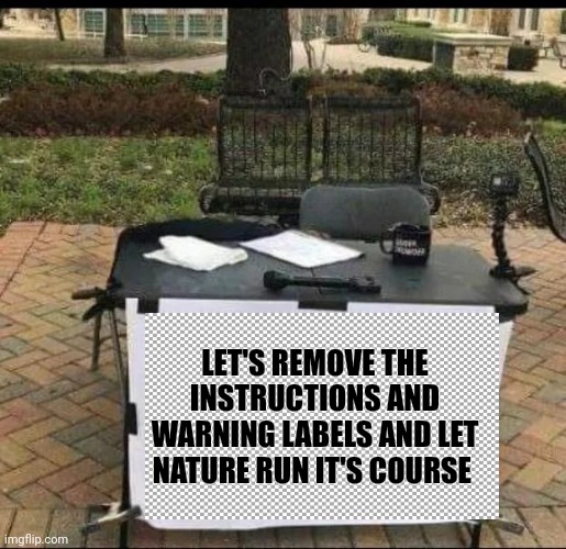 LET'S REMOVE THE INSTRUCTIONS AND WARNING LABELS AND LET NATURE RUN IT'S COURSE | image tagged in changed his mind | made w/ Imgflip meme maker