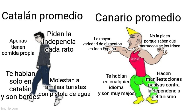 Virgin vs Chad | Canario promedio; Catalán promedio; Piden la indepencia cada rato; No la piden porque saben que marruecos se los trinca; La mayor variedad de alimentos en toda España; Apenas tienen comida propia; Hacen manifestaciones pasivas contra la dependencia del turismo; Te hablan solo en catalán y son bordes; Te hablan en cualquier idioma y son muy majos; Molestan a familias turistas con pistola de agua | image tagged in virgin vs chad | made w/ Imgflip meme maker