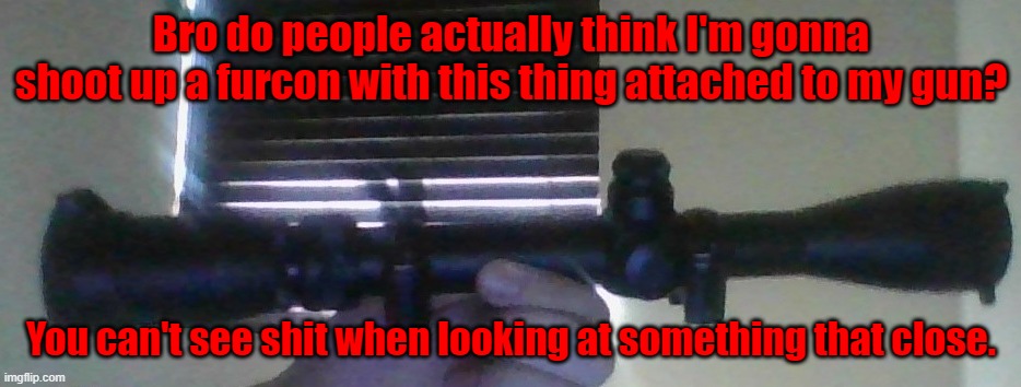 Bro do people actually think I'm gonna shoot up a furcon with this thing attached to my gun? You can't see shit when looking at something that close. | made w/ Imgflip meme maker