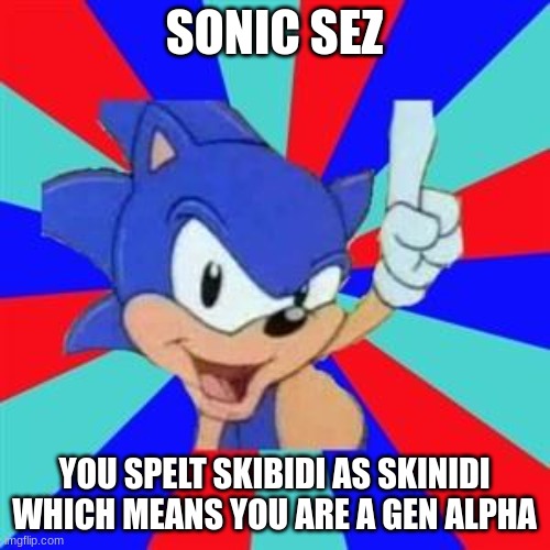 Sonic sez | SONIC SEZ YOU SPELT SKIBIDI AS SKINIDI WHICH MEANS YOU ARE A GEN ALPHA | image tagged in sonic sez | made w/ Imgflip meme maker