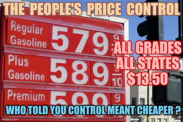 When has the government run a national gas station chain? | THE  PEOPLE'S  PRICE  CONTROL; ALL GRADES
ALL STATES
$13.50; WHO TOLD YOU CONTROL MEANT CHEAPER ? | image tagged in price controls | made w/ Imgflip meme maker