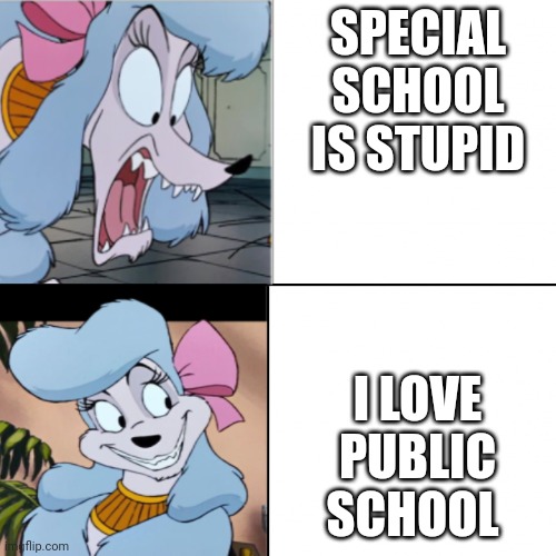 About School | SPECIAL SCHOOL IS STUPID; I LOVE PUBLIC SCHOOL | image tagged in georgette | made w/ Imgflip meme maker