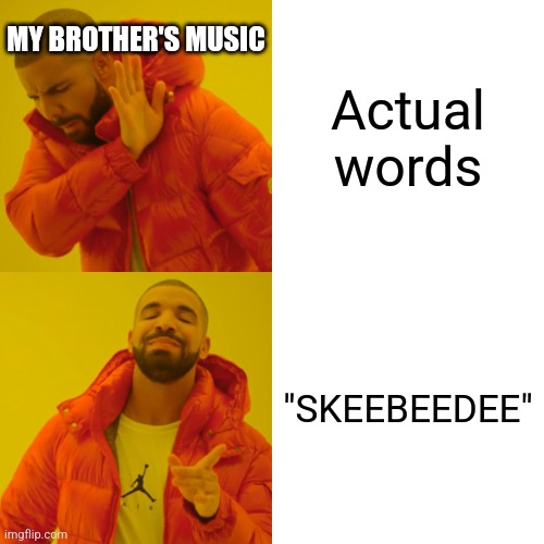 Drake Hotline Bling Meme | MY BROTHER'S MUSIC; Actual words; "SKEEBEEDEE" | image tagged in memes,drake hotline bling | made w/ Imgflip meme maker