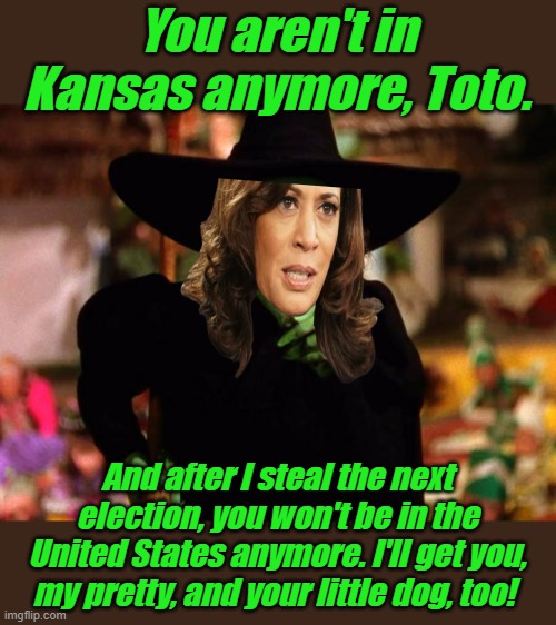 Kamala Switches From The Basement Tactics to Telling the Communist Truth | You aren't in Kansas anymore, Toto. And after I steal the next election, you won't be in the United States anymore. I'll get you, my pretty, and your little dog, too! | image tagged in wicked witch | made w/ Imgflip meme maker