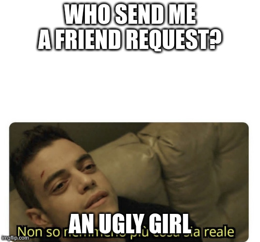 ugly girl | WHO SEND ME A FRIEND REQUEST? AN UGLY GIRL | image tagged in non so nemmeno pi cosa sia reale | made w/ Imgflip meme maker