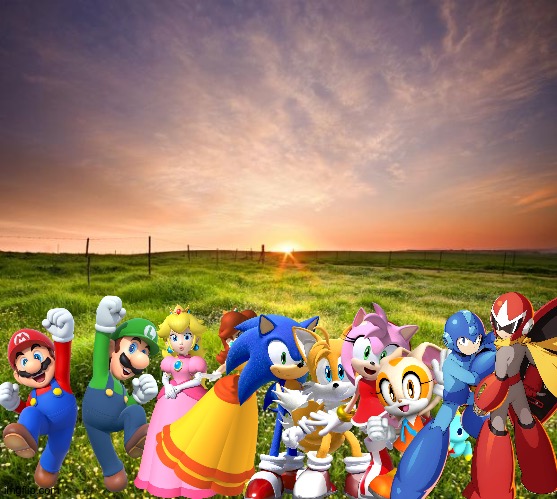 Mario and friends having a adventure at the beautiful landscape | image tagged in landscapemaymay,super mario,megaman,sonic the hedgehog,crossover | made w/ Imgflip meme maker