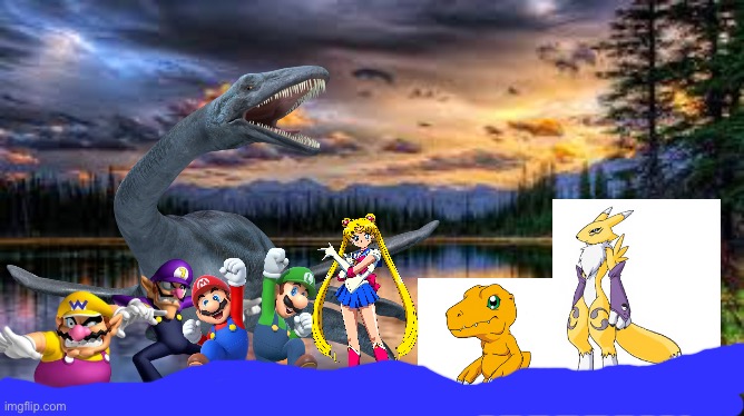 Wario and Friends dies by Wario and Waluigi teasing Nessie while swimming in a lake at a landscape | image tagged in landscape,wario dies,super mario,sailor moon,digimon,crossover | made w/ Imgflip meme maker