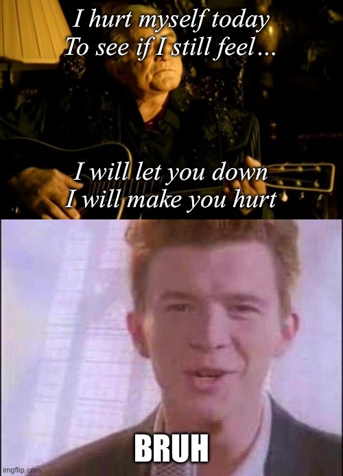 Hurt | I hurt myself today
To see if I still feel…; I will let you down
I will make you hurt; BRUH | image tagged in johnny cash hurt,rick roll,hurt,never gonna let you down | made w/ Imgflip meme maker