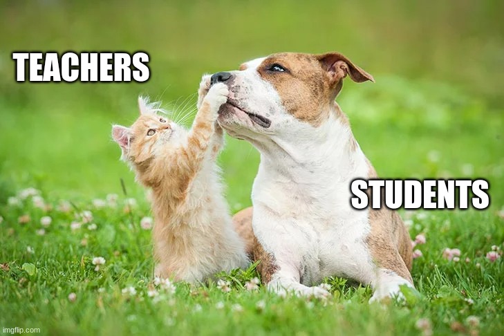 cat shushing a dog | TEACHERS; STUDENTS | image tagged in funny cat memes,cat,cats | made w/ Imgflip meme maker