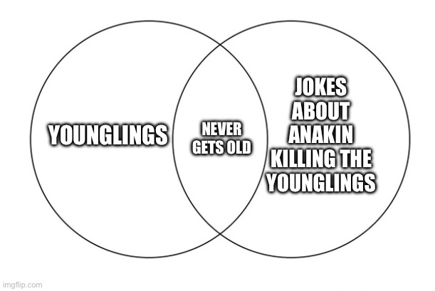 venn diagram | YOUNGLINGS NEVER GETS OLD JOKES ABOUT ANAKIN KILLING THE YOUNGLINGS | image tagged in venn diagram | made w/ Imgflip meme maker