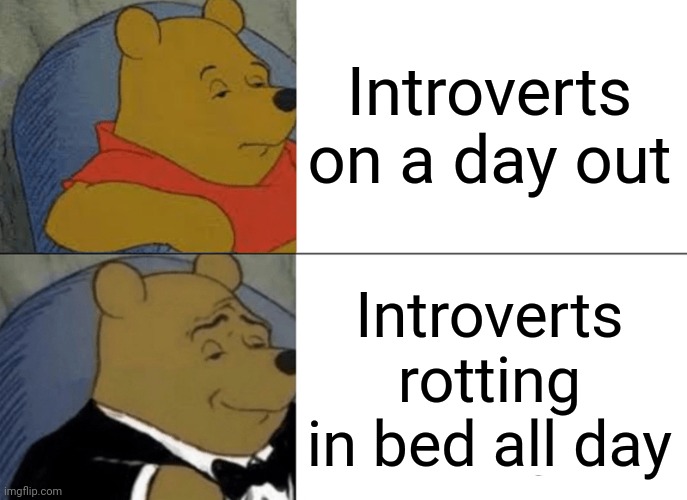 Tuxedo Winnie The Pooh | Introverts on a day out; Introverts rotting in bed all day | image tagged in memes,tuxedo winnie the pooh | made w/ Imgflip meme maker