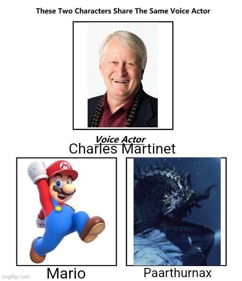 He also voiced Luigi, Wario, and Waluigi | Charles Martinet; Mario; Paarthurnax | image tagged in same voice actor | made w/ Imgflip meme maker