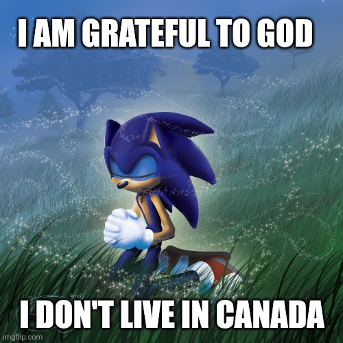 no job in canada | I AM GRATEFUL TO GOD; I DON'T LIVE IN CANADA | image tagged in praying sonic | made w/ Imgflip meme maker