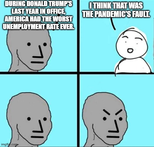 Trump's Last Year | DURING DONALD TRUMP'S LAST YEAR IN OFFICE, AMERICA HAD THE WORST UNEMPLOYMENT RATE EVER. I THINK THAT WAS THE PANDEMIC'S FAULT. | image tagged in npc meme | made w/ Imgflip meme maker