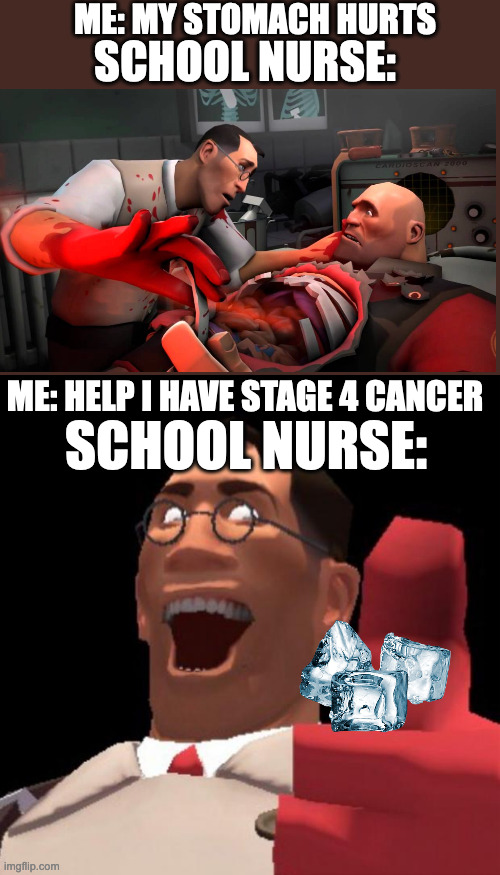 why tho | ME: MY STOMACH HURTS; SCHOOL NURSE:; ME: HELP I HAVE STAGE 4 CANCER; SCHOOL NURSE: | image tagged in tf2 medic,school,nurse | made w/ Imgflip meme maker