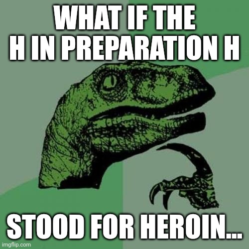 The Coke in Coca-Cola was what again?? | WHAT IF THE H IN PREPARATION H; STOOD FOR HEROIN... | image tagged in memes,philosoraptor | made w/ Imgflip meme maker