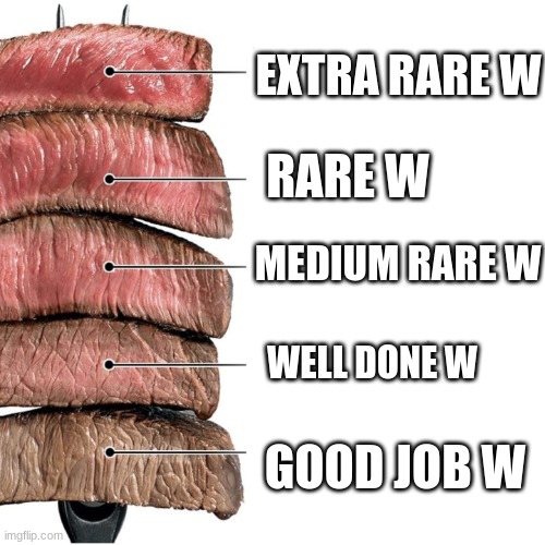 Steak | EXTRA RARE W RARE W MEDIUM RARE W WELL DONE W GOOD JOB W | image tagged in steak | made w/ Imgflip meme maker