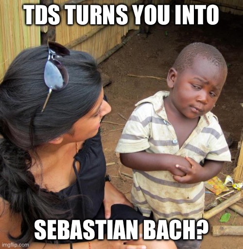 3rd World Sceptical Child | TDS TURNS YOU INTO SEBASTIAN BACH? | image tagged in 3rd world sceptical child | made w/ Imgflip meme maker