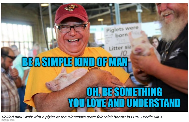 Tim Walz a Simple Man | BE A SIMPLE KIND OF MAN; OH, BE SOMETHING YOU LOVE AND UNDERSTAND | image tagged in tim walz | made w/ Imgflip meme maker