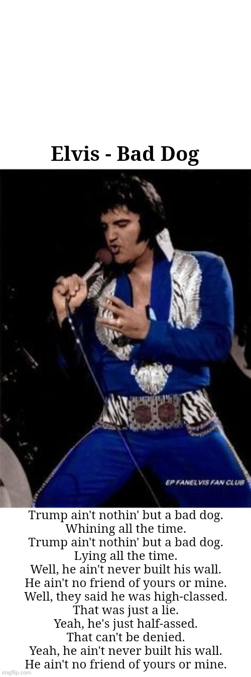 Elvis presley  | Elvis - Bad Dog; Trump ain't nothin' but a bad dog.
Whining all the time.
Trump ain't nothin' but a bad dog.
Lying all the time.
Well, he ain't never built his wall.
He ain't no friend of yours or mine.

Well, they said he was high-classed.
That was just a lie.
Yeah, he's just half-assed.
That can't be denied.
Yeah, he ain't never built his wall.
He ain't no friend of yours or mine. | image tagged in elvis presley | made w/ Imgflip meme maker