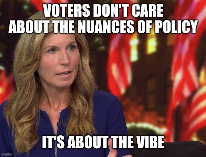 The establishment trying to make a new norm. Cover for Kamala | VOTERS DON'T CARE ABOUT THE NUANCES OF POLICY; IT'S ABOUT THE VIBE | image tagged in nicolle wallace dnc 2020,kamala harris,dnc | made w/ Imgflip meme maker