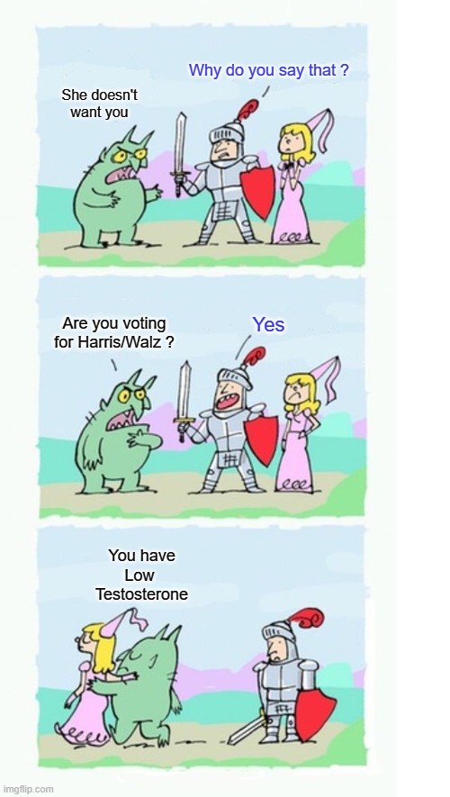 Troll steals princess over Low Testosterone | Why do you say that ? She doesn't want you; Are you voting for Harris/Walz ? Yes; You have
Low 
Testosterone | image tagged in troll steals princess,low testosterone | made w/ Imgflip meme maker