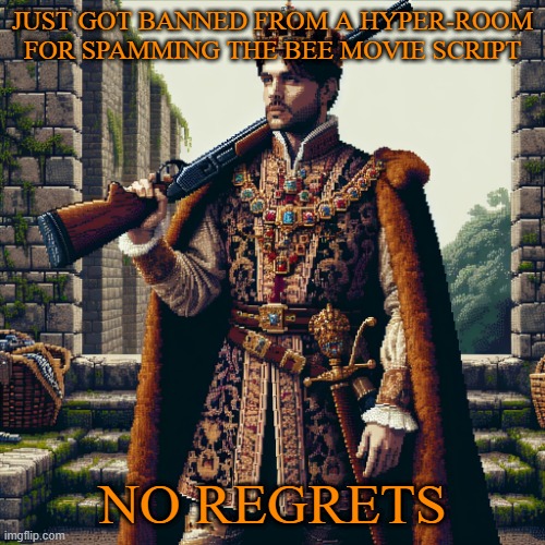 a noble, ranger | JUST GOT BANNED FROM A HYPER-ROOM FOR SPAMMING THE BEE MOVIE SCRIPT; NO REGRETS | image tagged in a noble ranger | made w/ Imgflip meme maker