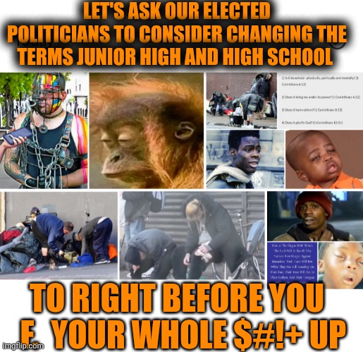 Funny | LET'S ASK OUR ELECTED POLITICIANS TO CONSIDER CHANGING THE TERMS JUNIOR HIGH AND HIGH SCHOOL; TO RIGHT BEFORE YOU   F.  YOUR WHOLE $#!+ UP | image tagged in funny,high school,change,election,politicians,drugs | made w/ Imgflip meme maker