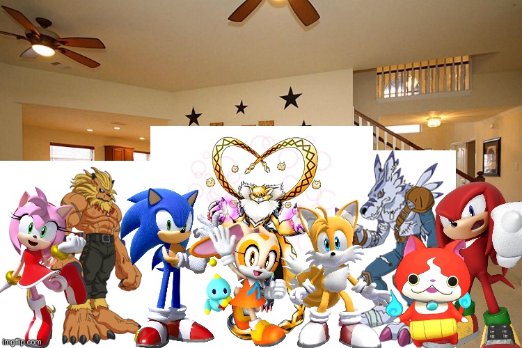 Leomon and Friends having a party in their awesome living room in their awesome house | image tagged in living room ceiling fans,digimon,sonic the hedgehog,yokai watch,crossover,anime | made w/ Imgflip meme maker