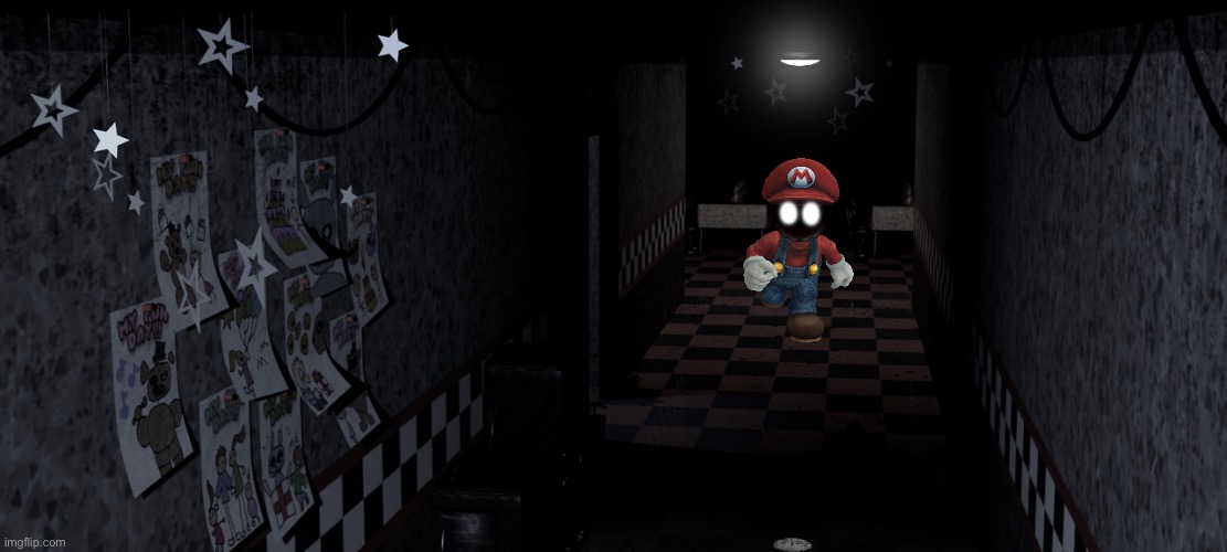 The Headless Mario needs your Head | image tagged in fnaf foxy's hallway | made w/ Imgflip meme maker