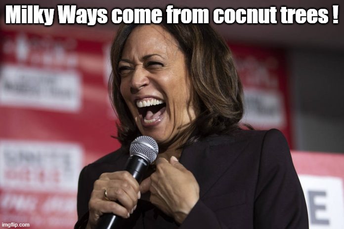 Kamala laughing | Milky Ways come from cocnut trees ! | image tagged in kamala laughing | made w/ Imgflip meme maker