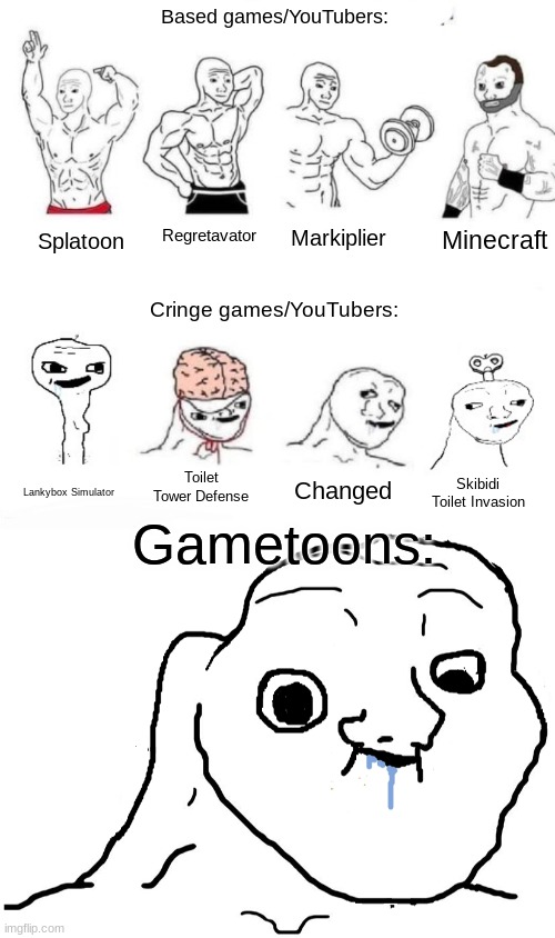 Based games/YouTubers:; Minecraft; Regretavator; Markiplier; Splatoon; Cringe games/YouTubers:; Gametoons:; Toilet Tower Defense; Changed; Lankybox Simulator; Skibidi Toilet Invasion | image tagged in x in the past vs x now,brainlet stupid | made w/ Imgflip meme maker