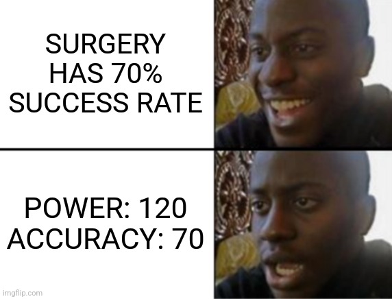 Oh yeah! Oh no... | SURGERY HAS 70% SUCCESS RATE; POWER: 120
ACCURACY: 70 | image tagged in oh yeah oh no,pokemon | made w/ Imgflip meme maker