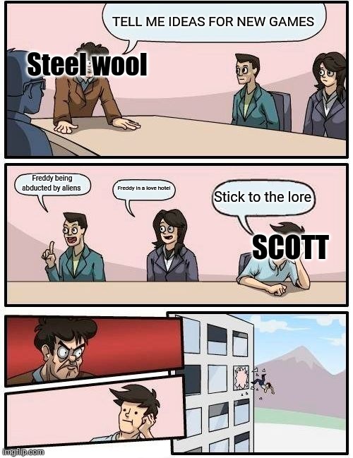 Fnaf new game | TELL ME IDEAS FOR NEW GAMES; Steel wool; Freddy being abducted by aliens; Freddy in a love hotel; Stick to the lore; SCOTT | image tagged in memes,boardroom meeting suggestion | made w/ Imgflip meme maker