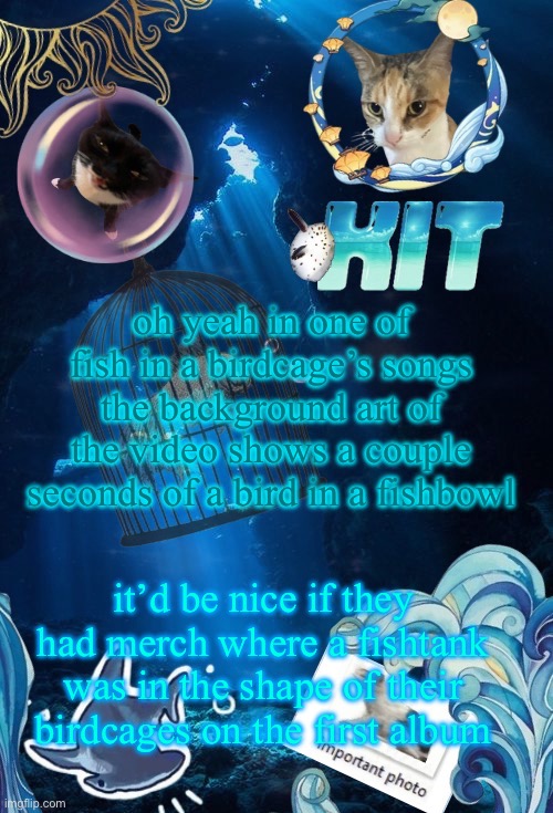 silly announcement template by asriel | oh yeah in one of fish in a birdcage’s songs the background art of the video shows a couple seconds of a bird in a fishbowl; it’d be nice if they had merch where a fishtank was in the shape of their birdcages on the first album | image tagged in silly announcement template by asriel | made w/ Imgflip meme maker