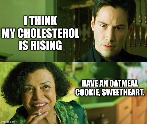 Cholesterol clogs the Matrix | I THINK MY CHOLESTEROL IS RISING; HAVE AN OATMEAL COOKIE, SWEETHEART. | image tagged in matrix,oatmeal,cholesterol fighter,memes,cookie,oracle | made w/ Imgflip meme maker