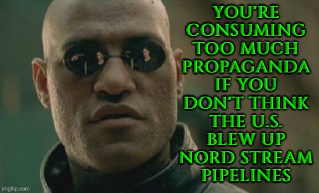 You're Consuming Too Much Propaganda If You Don't Think The U.S. Blew Up Nord Stream Pipelines | YOU'RE
CONSUMING
TOO MUCH
PROPAGANDA
IF YOU
DON'T THINK
THE U.S.
BLEW UP
NORD STREAM
PIPELINES | image tagged in memes,matrix morpheus,scumbag america,russo-ukrainian war,world war 3,scumbag government | made w/ Imgflip meme maker