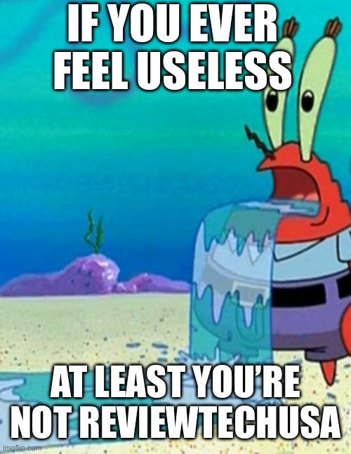 Mr krabs drool | IF YOU EVER FEEL USELESS; AT LEAST YOU’RE NOT REVIEWTECHUSA | image tagged in mr krabs drool | made w/ Imgflip meme maker