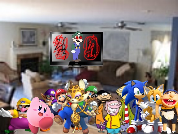 Wario and Friends dies by Watching a cursed Weegee movie | image tagged in living room,wario dies,crossover | made w/ Imgflip meme maker