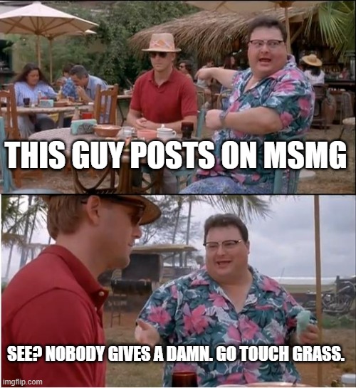 See Nobody Cares | THIS GUY POSTS ON MSMG; SEE? NOBODY GIVES A DAMN. GO TOUCH GRASS. | image tagged in memes,see nobody cares | made w/ Imgflip meme maker