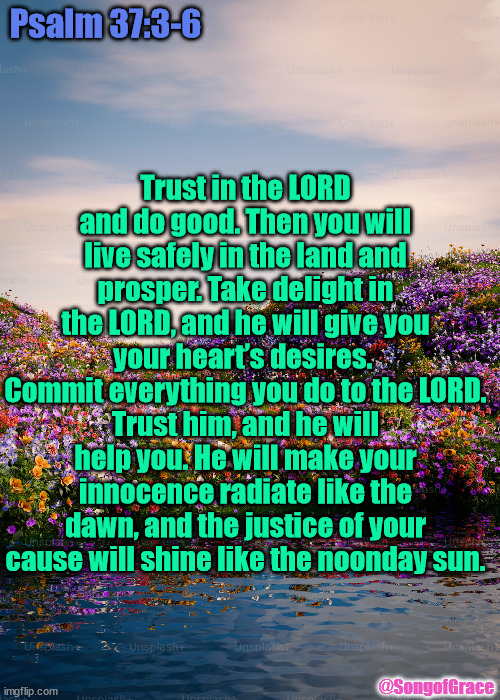 Psalm 37:3-6 | Trust in the LORD and do good. Then you will live safely in the land and prosper. Take delight in the LORD, and he will give you your heart’s desires. 
Commit everything you do to the LORD.
Trust him, and he will help you. He will make your innocence radiate like the dawn, and the justice of your cause will shine like the noonday sun. Psalm 37:3-6; @SongofGrace | image tagged in biblical encouragement | made w/ Imgflip meme maker