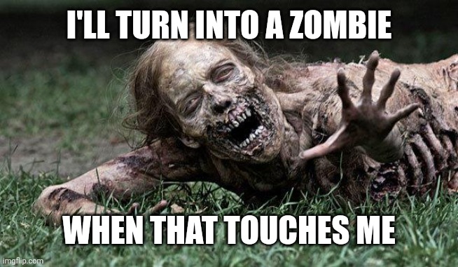 @post above | I'LL TURN INTO A ZOMBIE WHEN THAT TOUCHES ME | image tagged in walking dead zombie | made w/ Imgflip meme maker