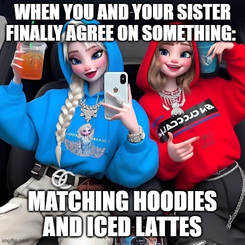 siblings | WHEN YOU AND YOUR SISTER FINALLY AGREE ON SOMETHING:; MATCHING HOODIES AND ICED LATTES | image tagged in memes | made w/ Imgflip meme maker