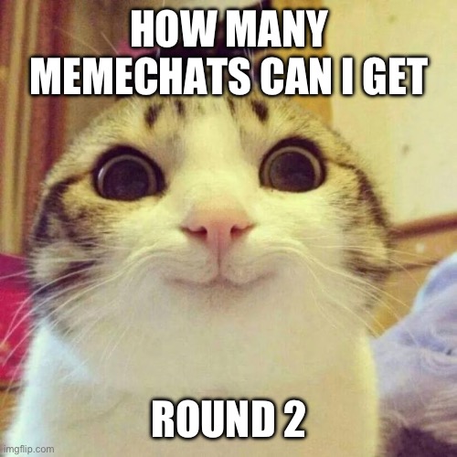 Round 2, GO! | HOW MANY MEMECHATS CAN I GET; ROUND 2 | image tagged in memes,smiling cat | made w/ Imgflip meme maker