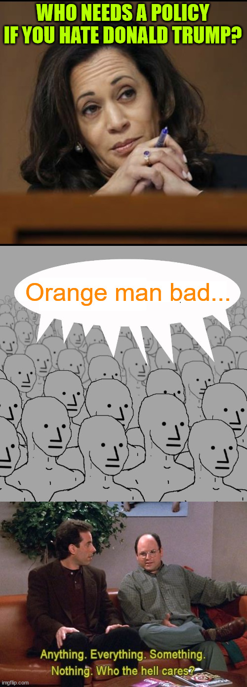 No policies, no interviews, no debates. Only smoke and mirrors. | WHO NEEDS A POLICY IF YOU HATE DONALD TRUMP? Orange man bad... | image tagged in kamala harris,npc,nothing but hate for trump | made w/ Imgflip meme maker