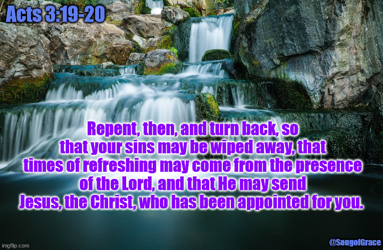 Acts 3:19-20 | Acts 3:19-20; Repent, then, and turn back, so that your sins may be wiped away, that times of refreshing may come from the presence of the Lord, and that He may send Jesus, the Christ, who has been appointed for you. @SongofGrace | image tagged in biblical encouragement | made w/ Imgflip meme maker