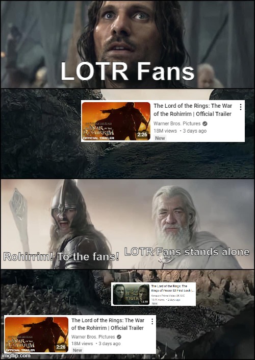 Who will fight? Rohan or the Ring? | LOTR Fans; LOTR Fans stands alone; Rohirrim! To the fans! | image tagged in rohirrim ant helm's deep,lord of the rings | made w/ Imgflip meme maker