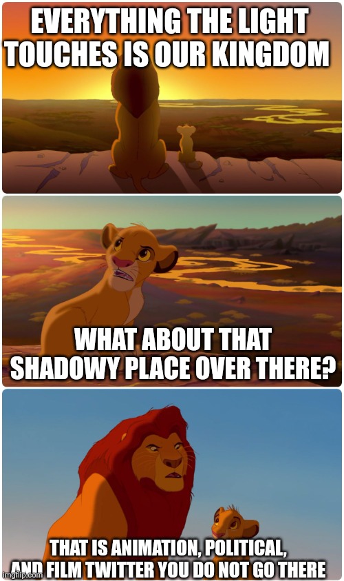 The Truth hurts doesn't it? | EVERYTHING THE LIGHT TOUCHES IS OUR KINGDOM; WHAT ABOUT THAT SHADOWY PLACE OVER THERE? THAT IS ANIMATION, POLITICAL, AND FILM TWITTER YOU DO NOT GO THERE | image tagged in everything the light touches,funny memes,truth,satire,twitter,pain | made w/ Imgflip meme maker