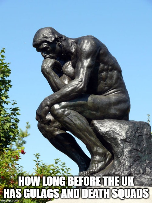 The Thinker | HOW LONG BEFORE THE UK HAS GULAGS AND DEATH SQUADS | image tagged in the thinker | made w/ Imgflip meme maker