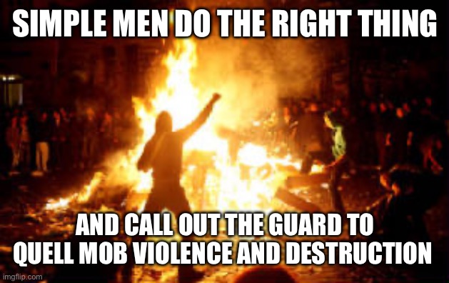 Anarchy Riot | SIMPLE MEN DO THE RIGHT THING AND CALL OUT THE GUARD TO QUELL MOB VIOLENCE AND DESTRUCTION | image tagged in anarchy riot | made w/ Imgflip meme maker